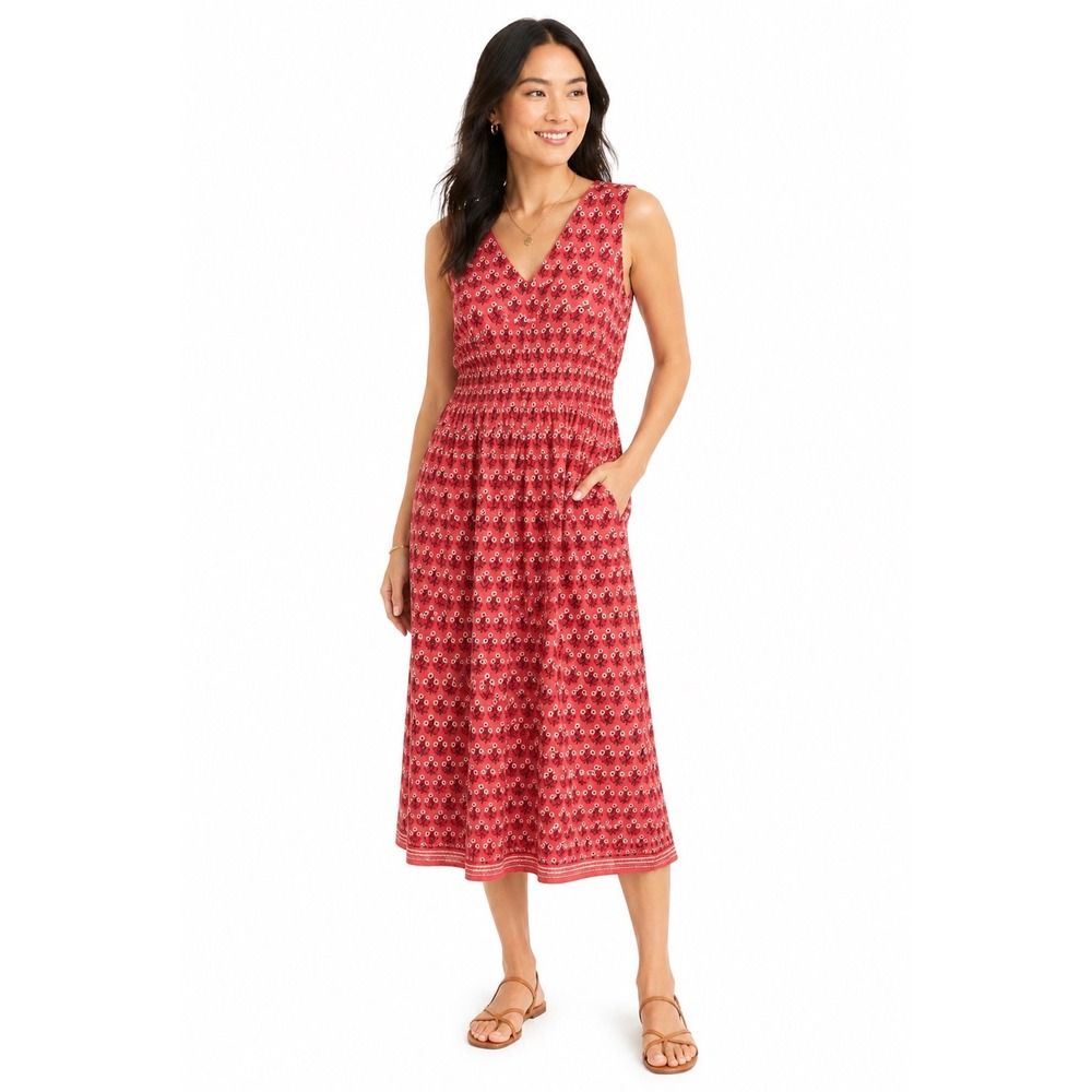 J.Crew Block Print Smocked Waist Midi Dress Pink Red Floral‎ Womens Small NWT